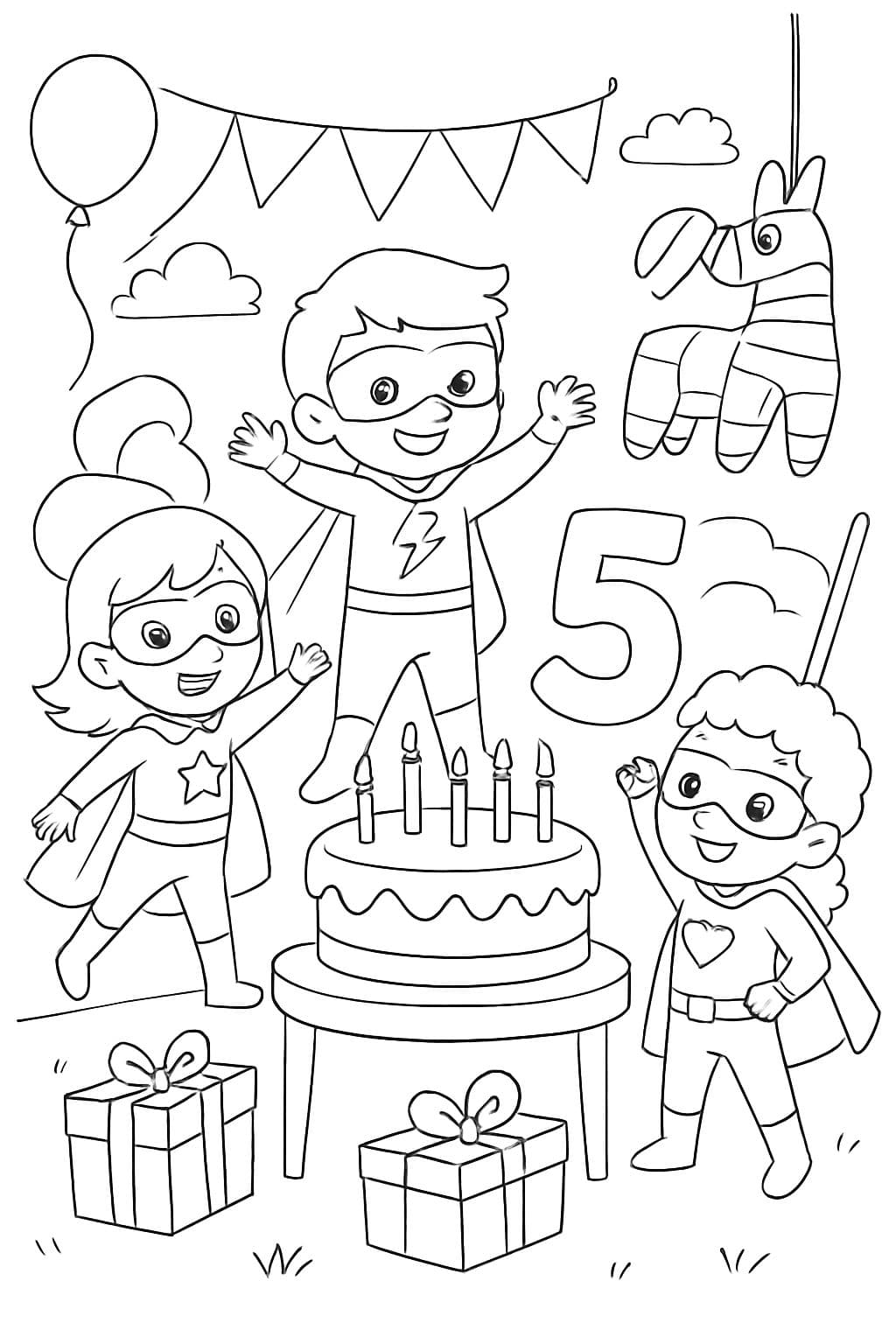 Los superhéroes están celebrando una fiesta de cumpleaños número 5 con juegos, pastel y diversión.