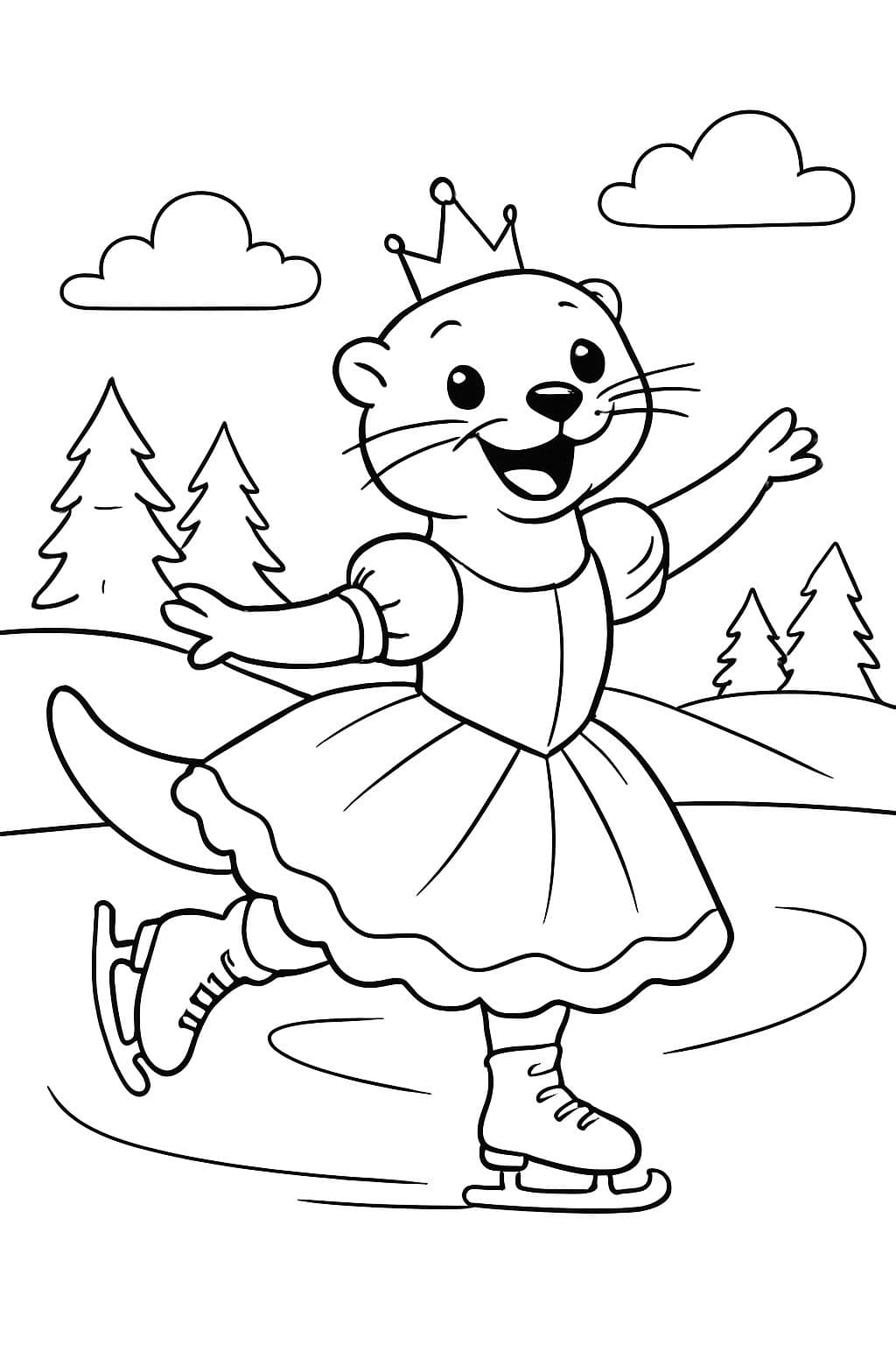 una nutria patinando sobre hielo en un vestido de princesa
