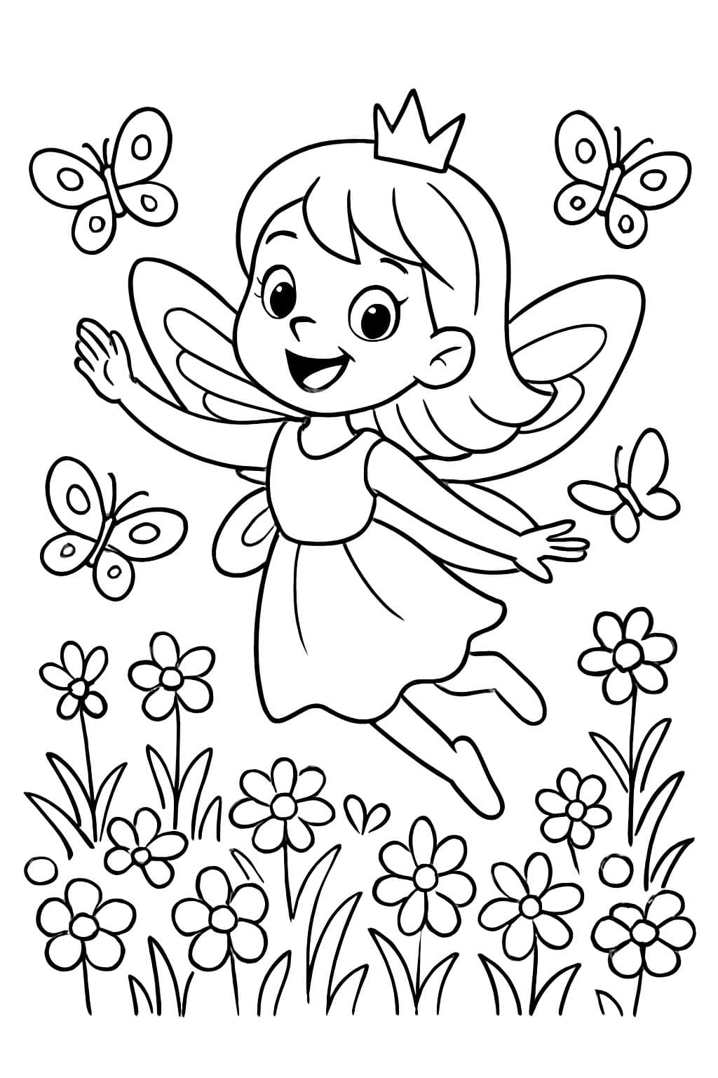 Eine Fee fliegt durch ein Feld von Blumen und Schmetterlingen.