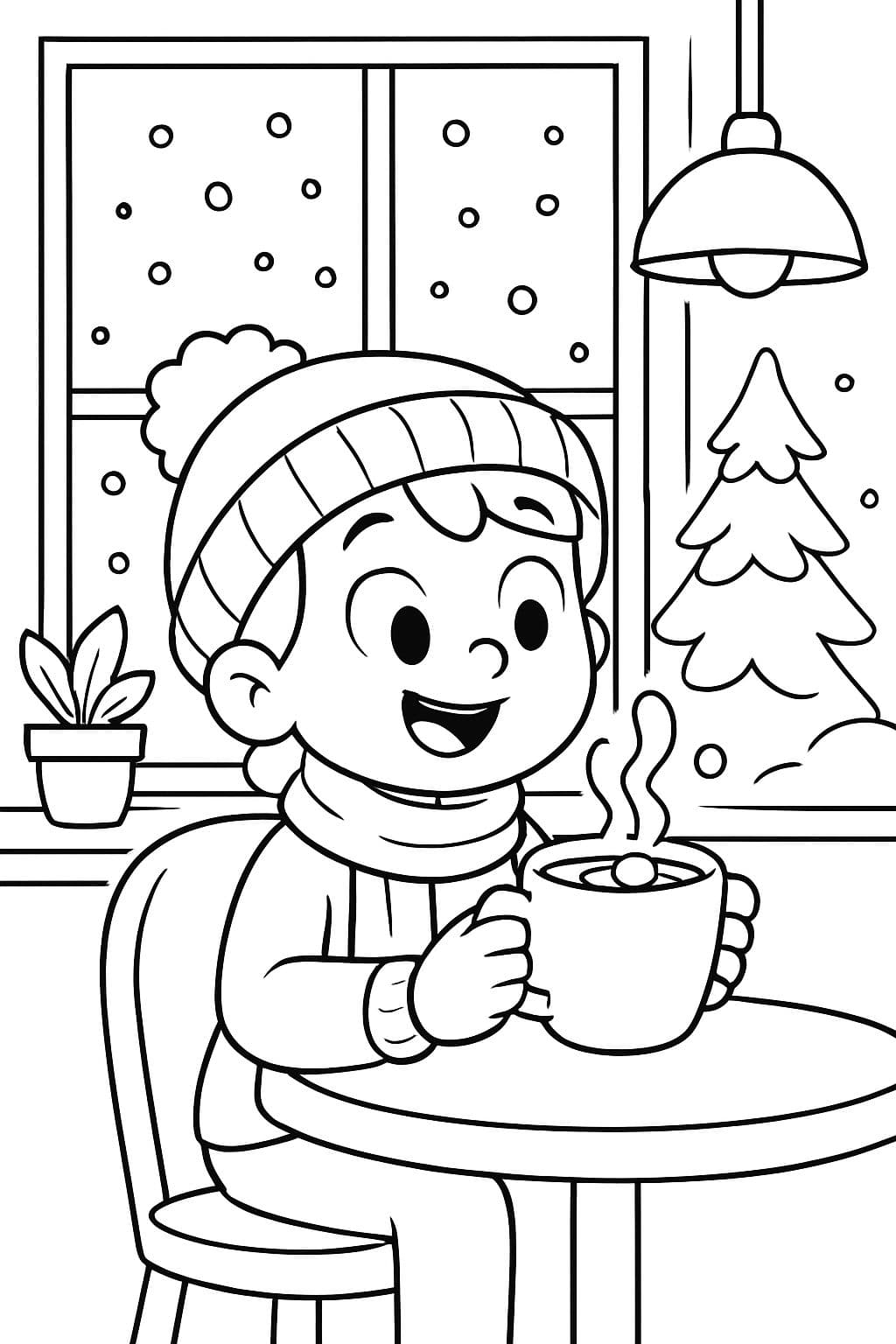 Una persona sentada en una cafetería bebiendo chocolate caliente con nieve afuera.