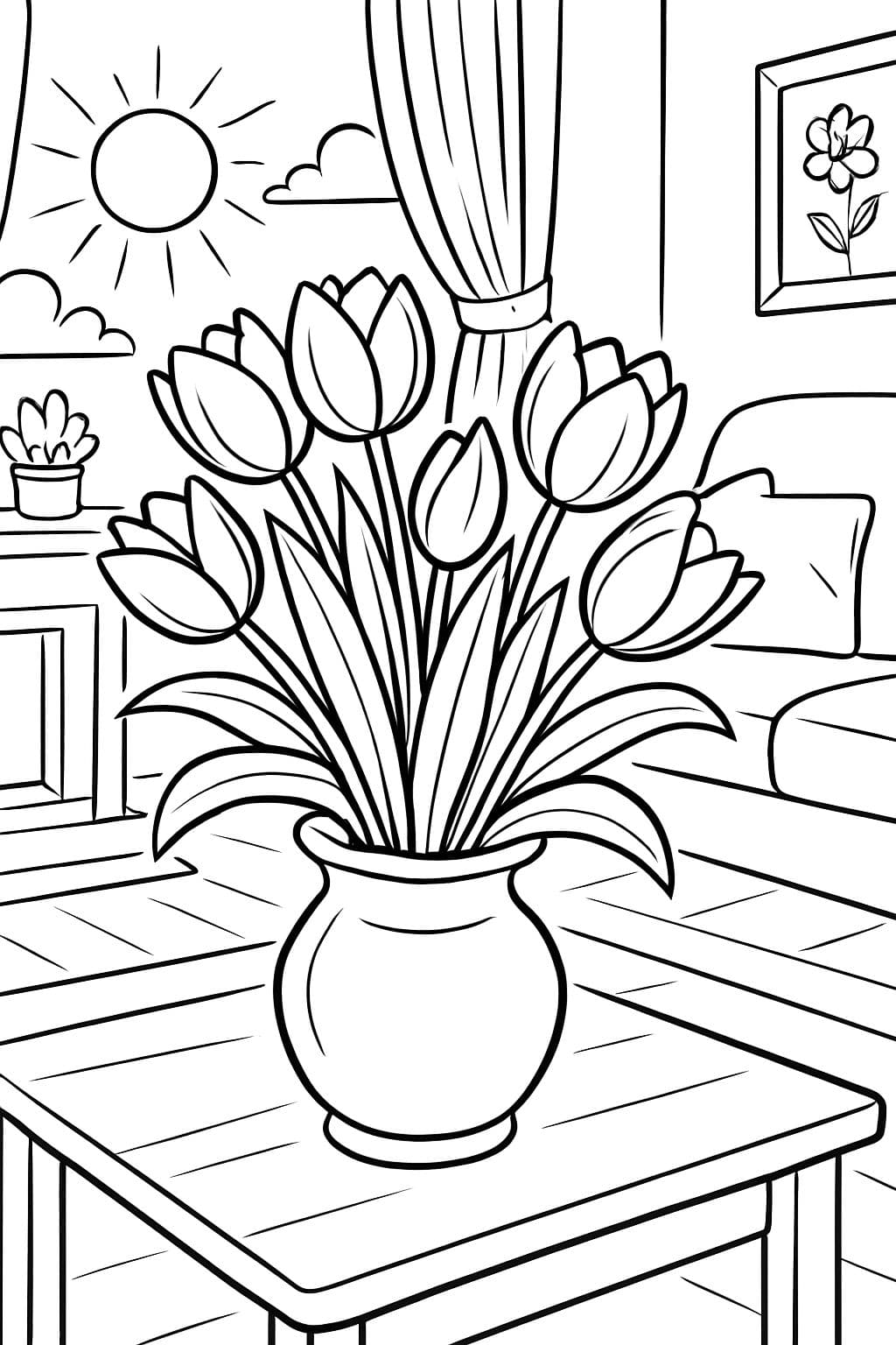 ein Blumenstrauß aus Tulpen in einem sonnigen Wohnzimmer