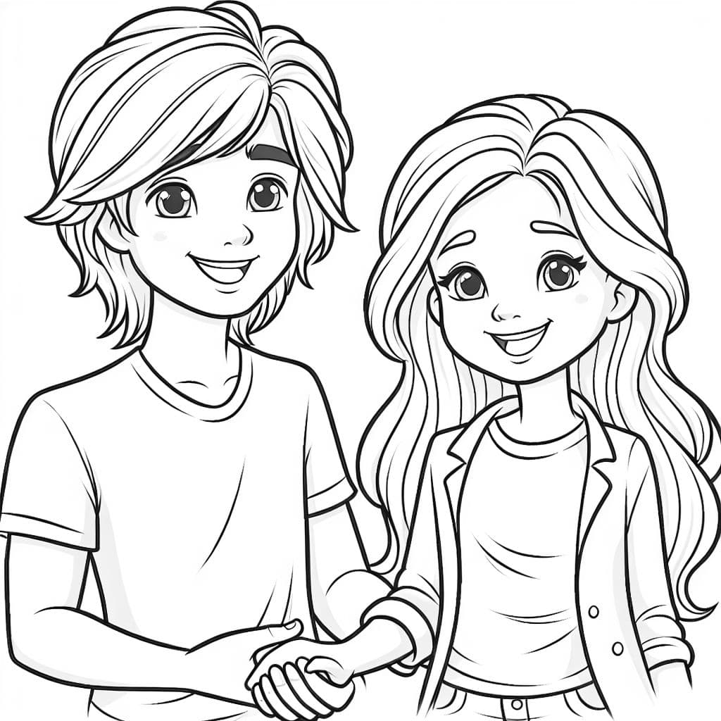 a young man with medium long hair smiling and holding hands with a woman who is smiling