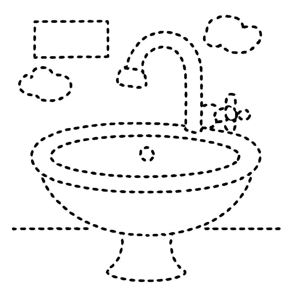 Please generate a drawing of a sink in the form of dashed lines, so that children can trace the outlines and then color it.