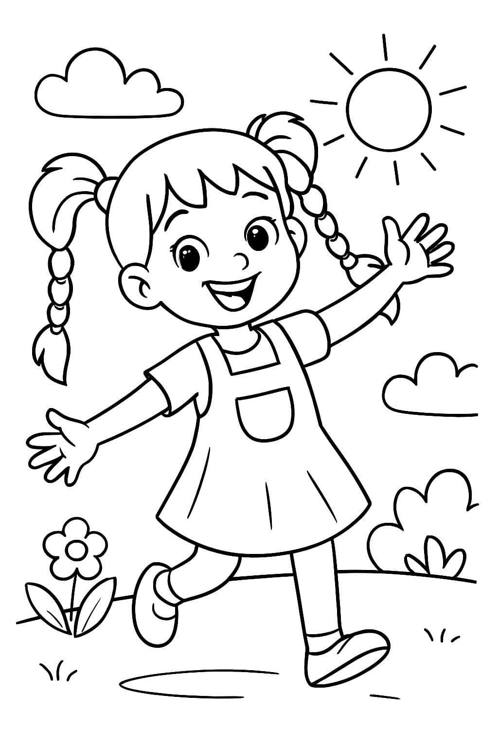 Mädchen mit 4 Pferdeschwänzen und Zöpfen in einem Hochjackenkleid.