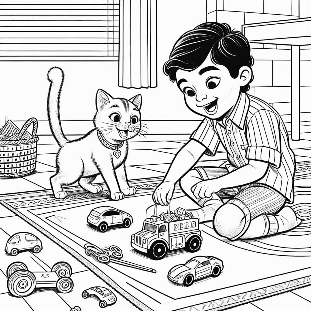 Toddler boy and cat playing with lots of toy cars