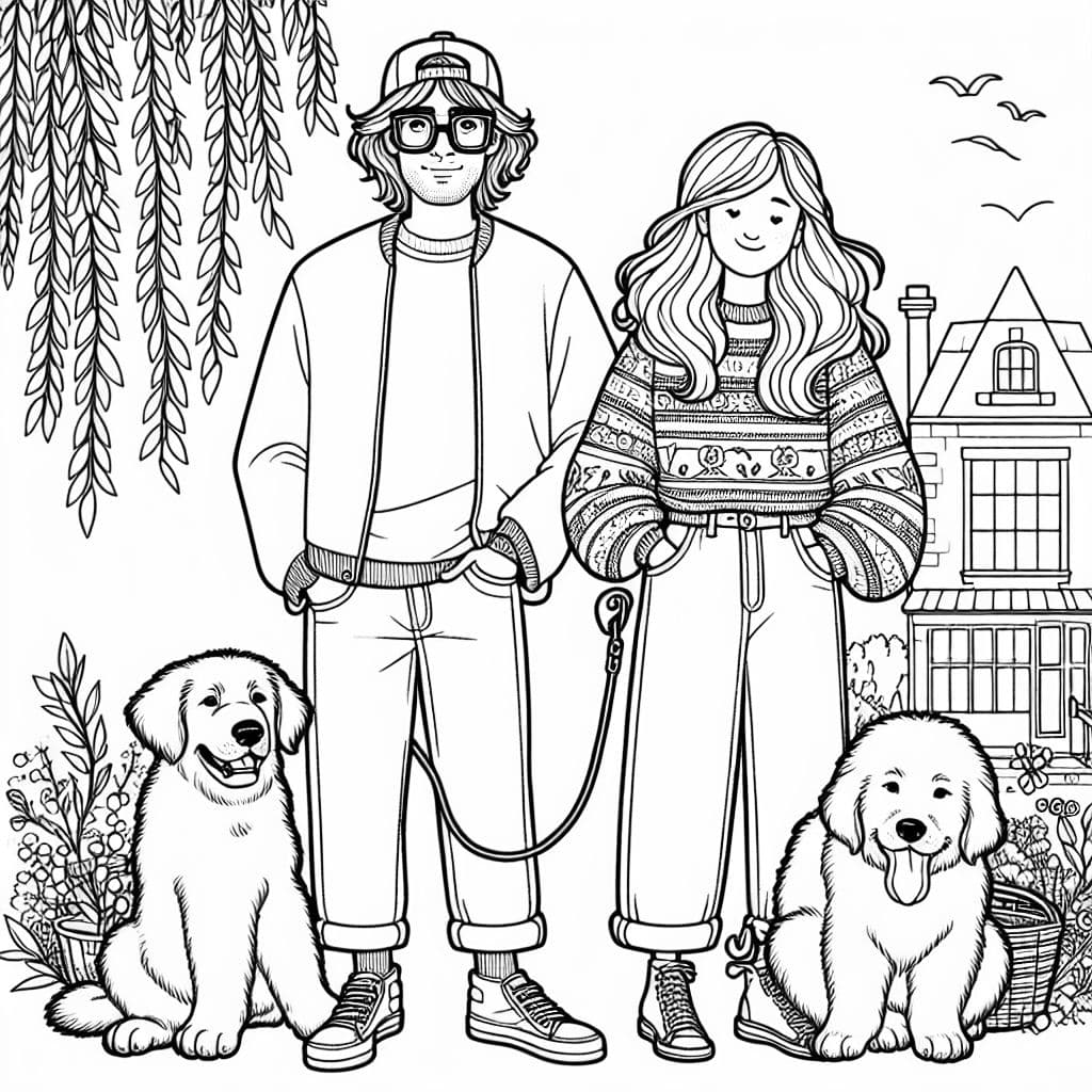 Un hombre con cabello marrón esponjoso, lleva una gorra en la cabeza y gafas cuadradas en la cara, lleva una camiseta de Ohio State de manga larga y jeans. Una mujer con cabello rojo marrón largo en una trenza de lado, lleva gafas de sol en la parte superior de la cabeza, con un lindo suéter y jeans con sandalias en los pies. Hay un gran golden retriever esponjoso sentado al lado de la mujer y un cachorro cane corso sentado al lado del hombre. Todos están afuera de pie bajo un sauce llorón, frente a una pequeña casa linda.