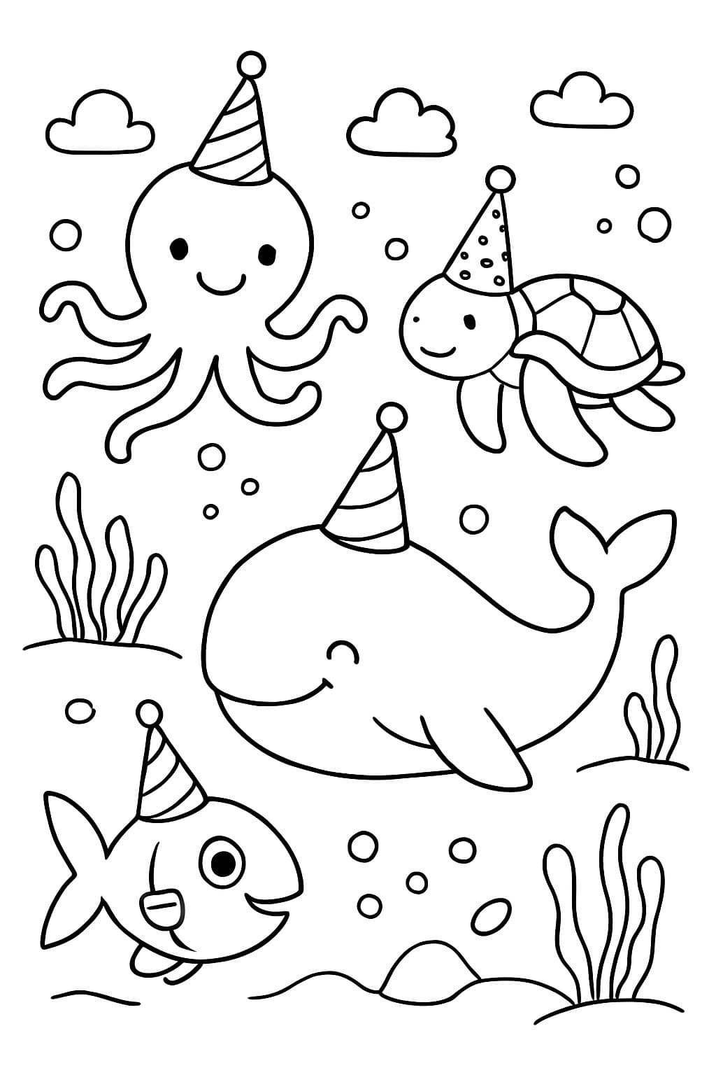 Criaturas marinas con sombreros de cumpleaños