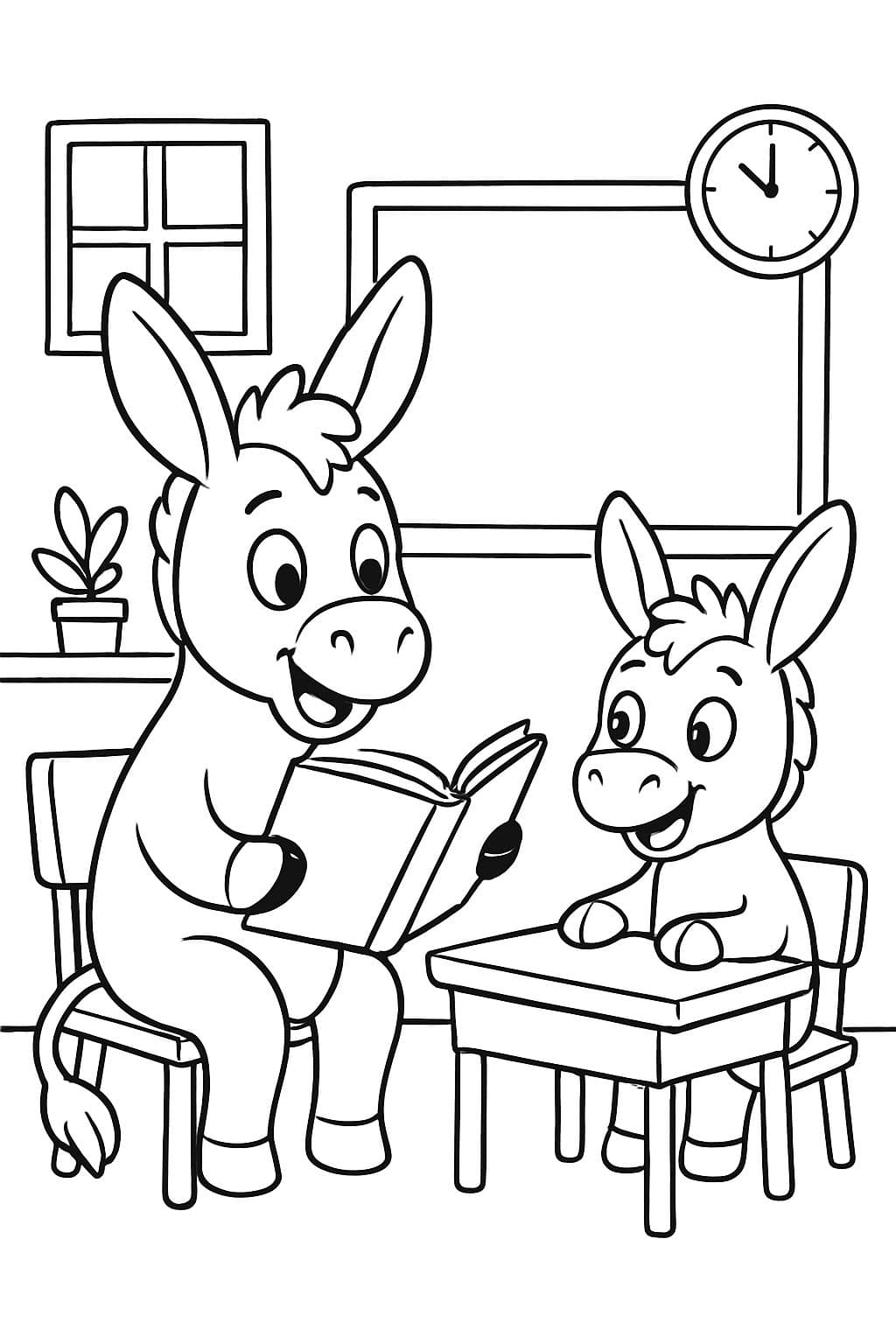 ein großes Eselkind, das einem kleinen Eselkind ein Buch vorliest in der Schule