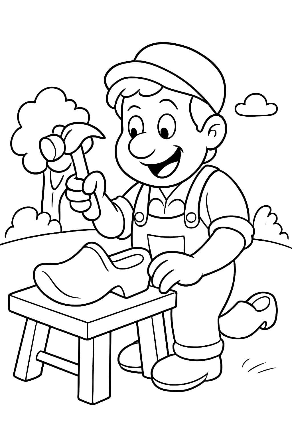 ein Schuster, der mit einem Hammer Holzschuhe macht