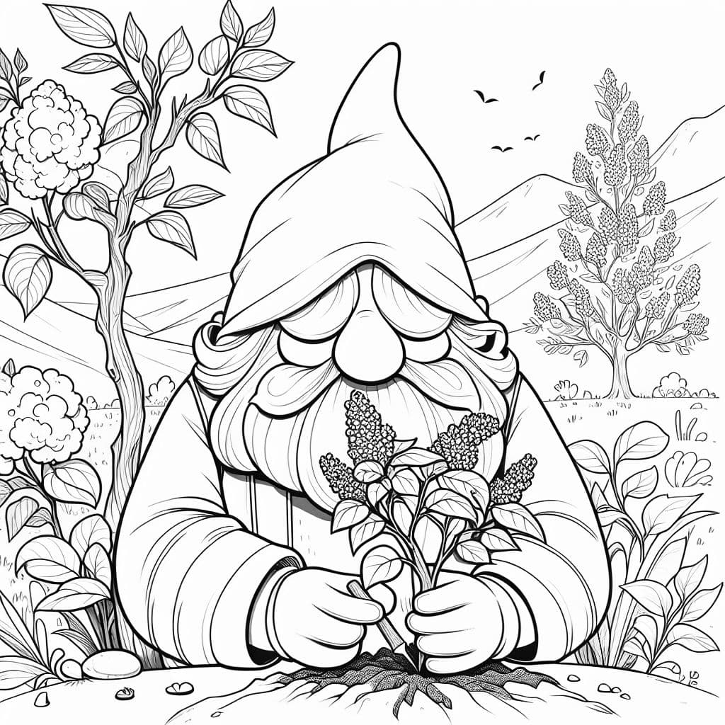 Un gnomo con un rostro oculto plantando un árbol de lila.