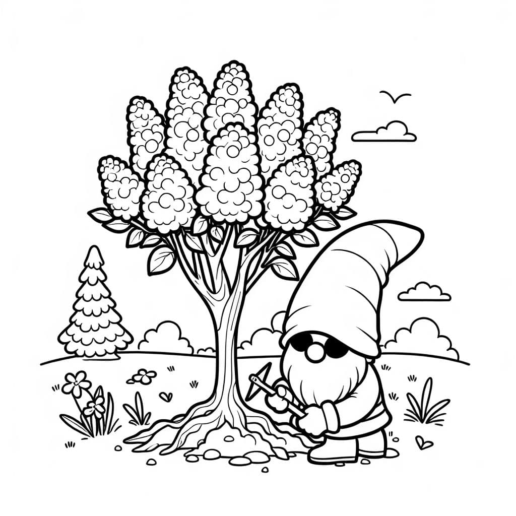 Un duende con un rostro oculto plantando un árbol de lila.