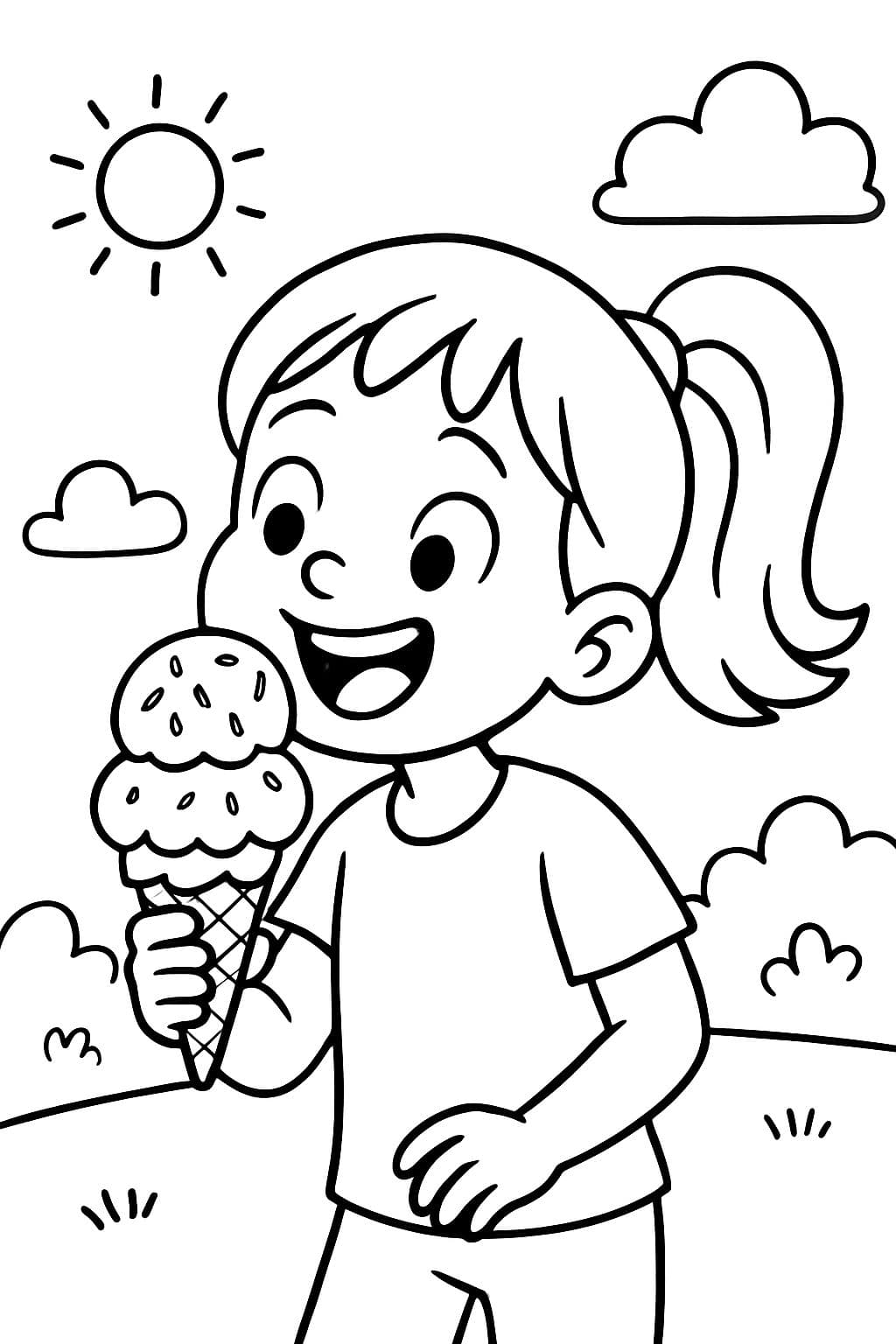 Clara comiendo un cucurucho de helado de tres bolas con chispas.