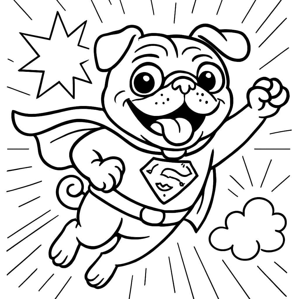 Ein schwarzer Mops, der ein sehr glücklicher Superheld ist.