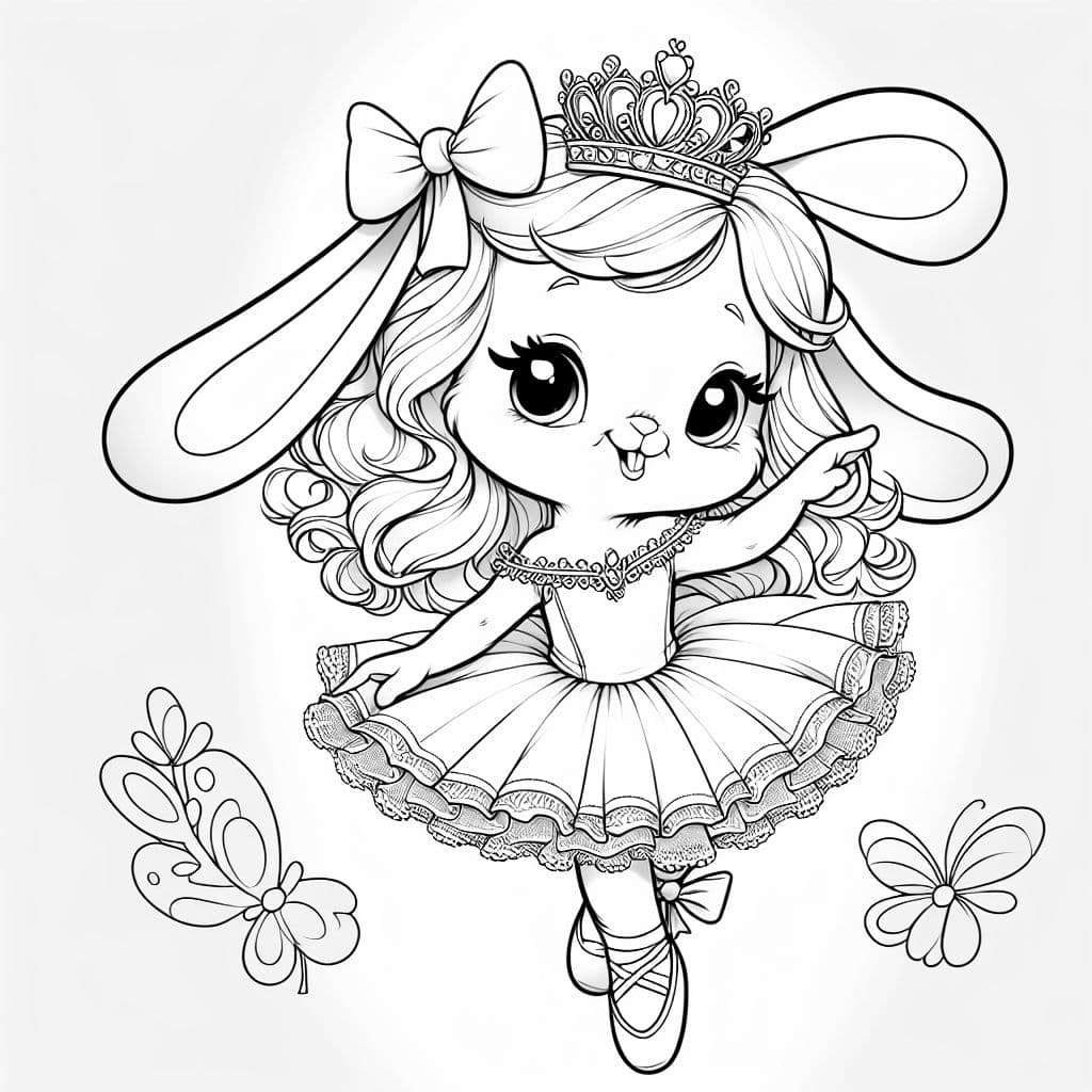 A girl bunny with a crown, bow and ballerina dress with heel princess shoes