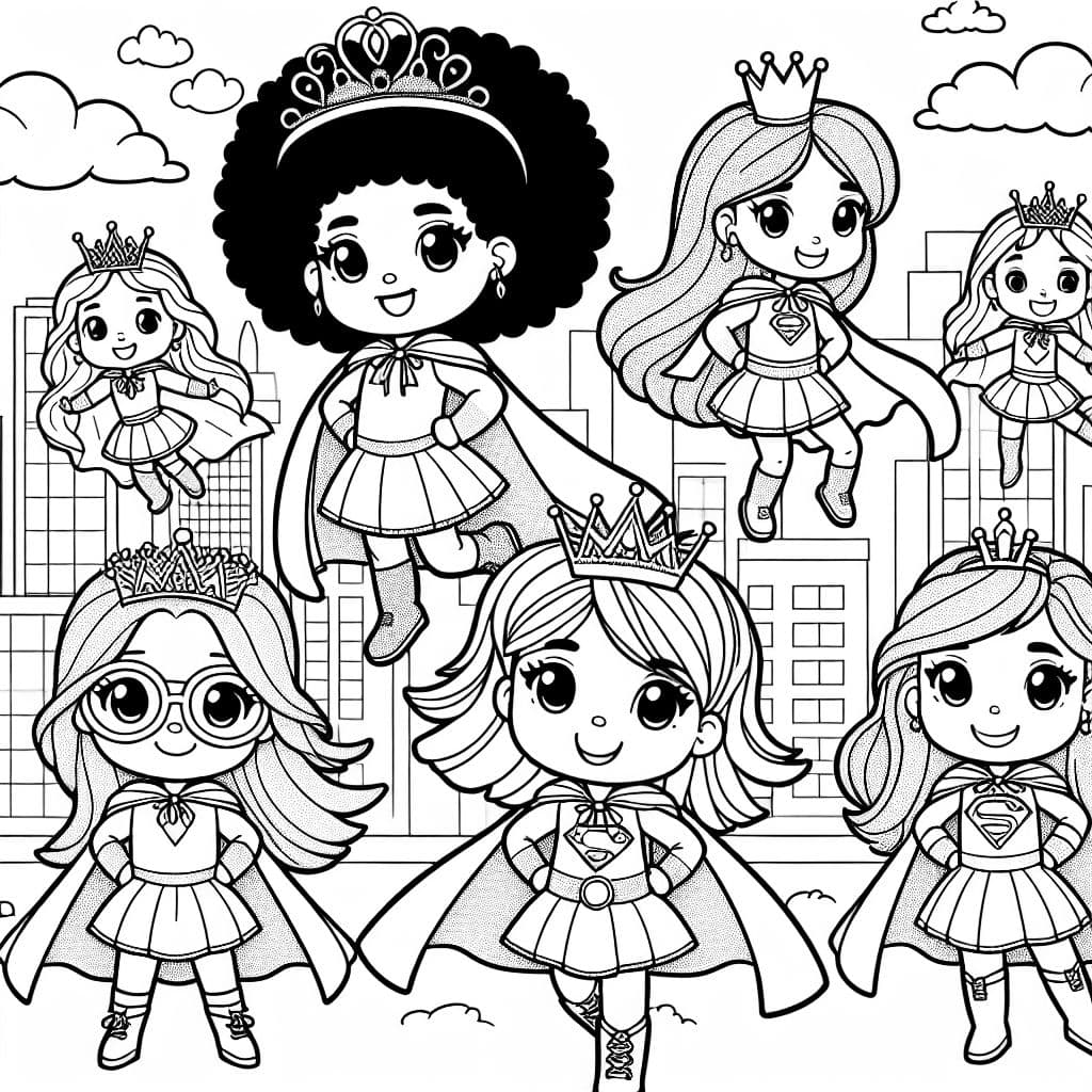 Many girl superheroes with bows crowns and capes