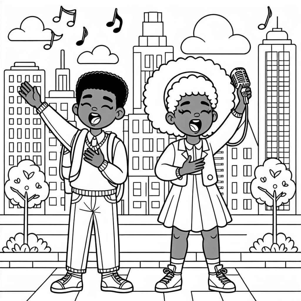 Niños afroamericanos cantando el himno nacional negro. El fondo debe ser de la ciudad y los niños deben tener peinados y ropa moderna.