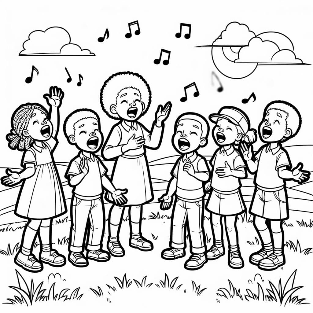 Des enfants afro-américains chantent l'hymne national des Noirs. Une image colorée et inspirante qui célèbre la culture et la communauté.