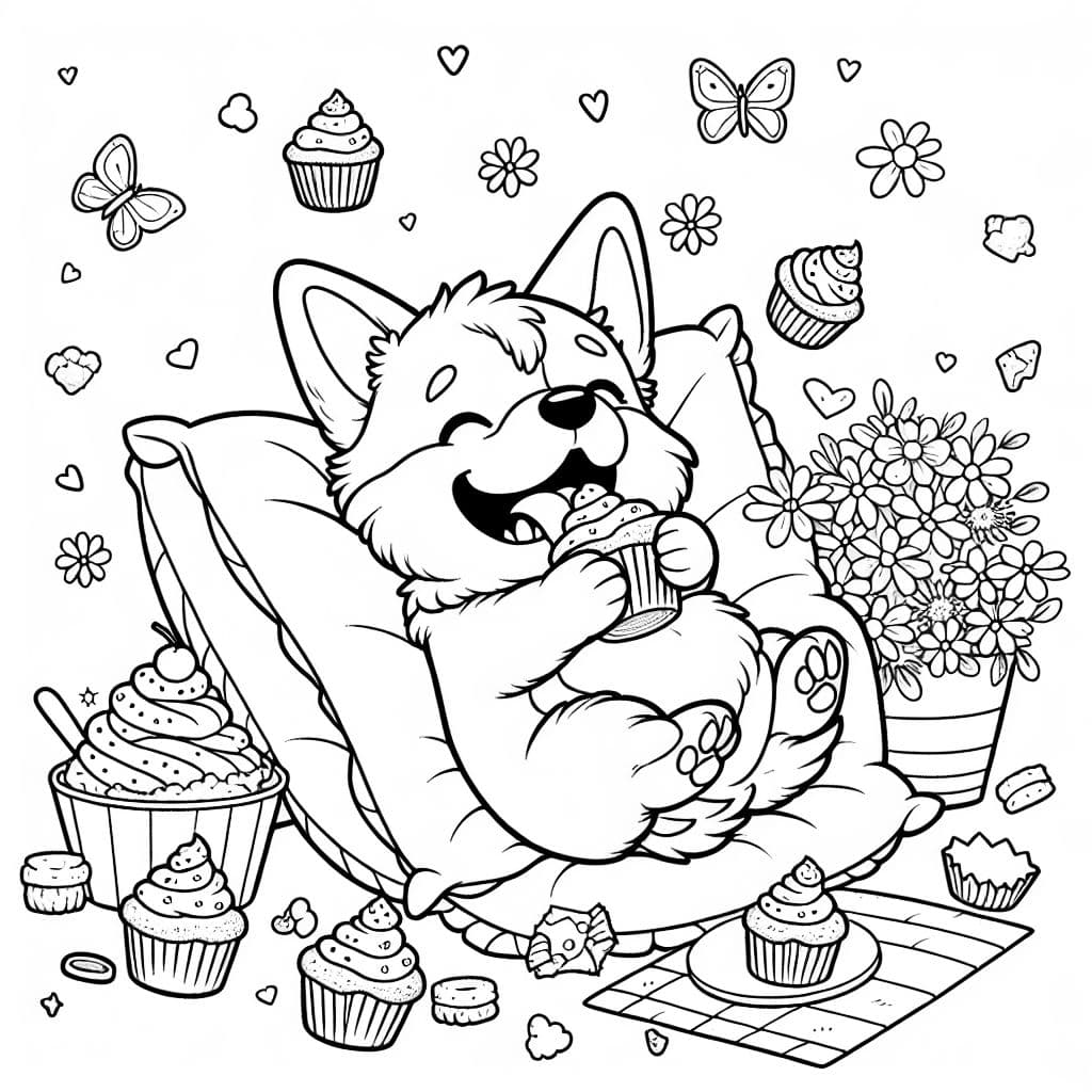 corgi dog eating cupcakes sitting on a pillow