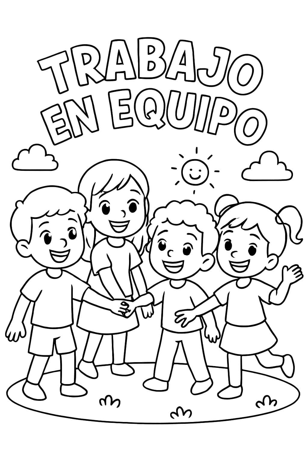 Niños y niñas en un círculo con el texto 'Trabajo en equipo'