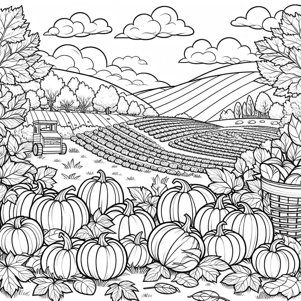 Un champ de citrouilles pittoresque avec des tas de feuilles