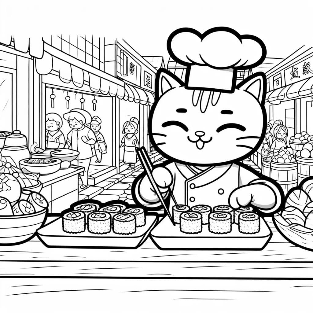 Mercado callejero de sushi chino con un gato como chef