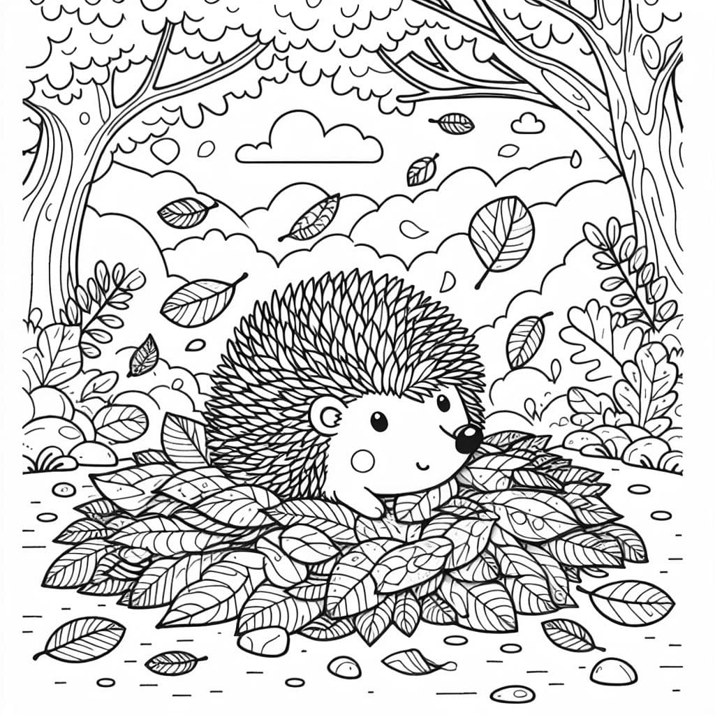 Un erizo enterrado en un montón de hojas en el bosque