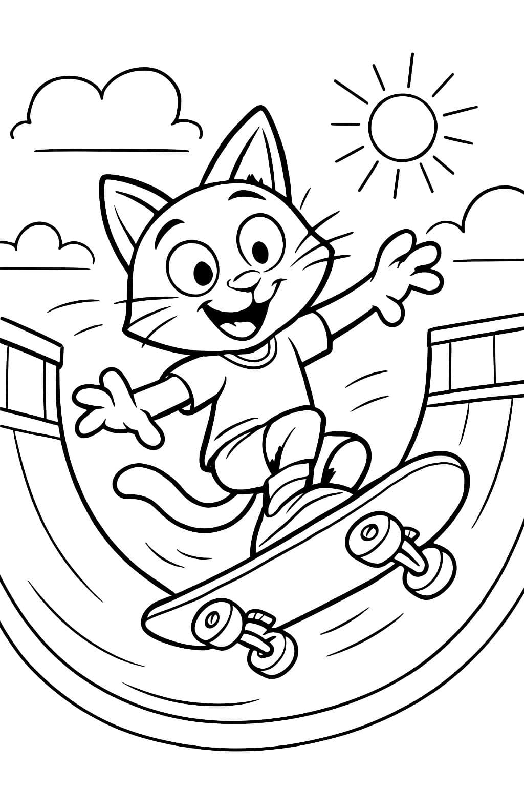 skateboard in der halfpipe mit katze als fahrer