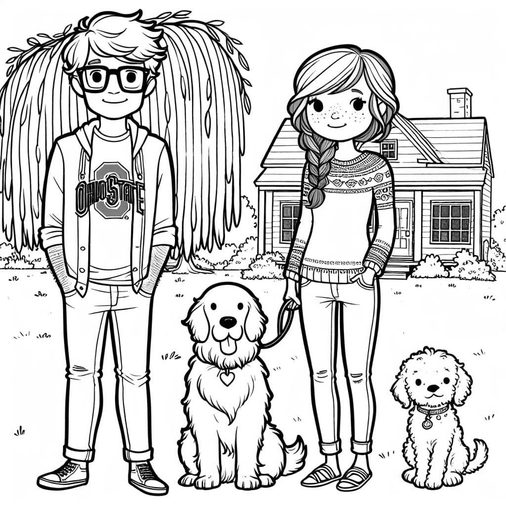 Un hombre con cabello marrón esponjoso, gafas cuadradas en su cara y una gorra en su cabeza. Lleva una camiseta de Ohio State y jeans. Una mujer con cabello castaño rojizo en una trenza, pecas en su cara, y lleva un lindo suéter y jeans con sandalias en sus pies. Un gran golden retriever esponjoso y un cachorro cane Corso. Todos de pie afuera bajo un sauce llorón, frente a una pequeña casa bonita.