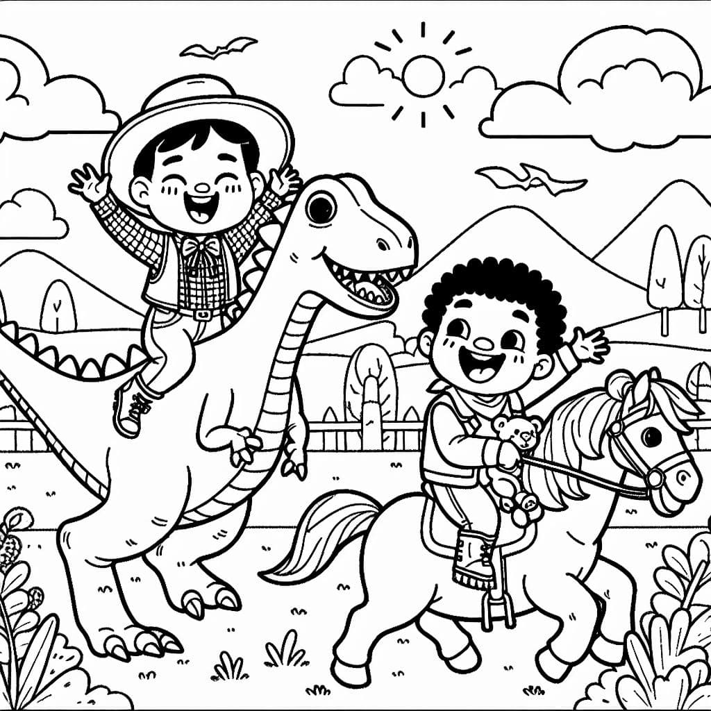 ein Kind, das auf einem Dinosaurier reitet und ein zweites Kind, das auf einem Pferd reitet mit einem Teddybären in der Hand.