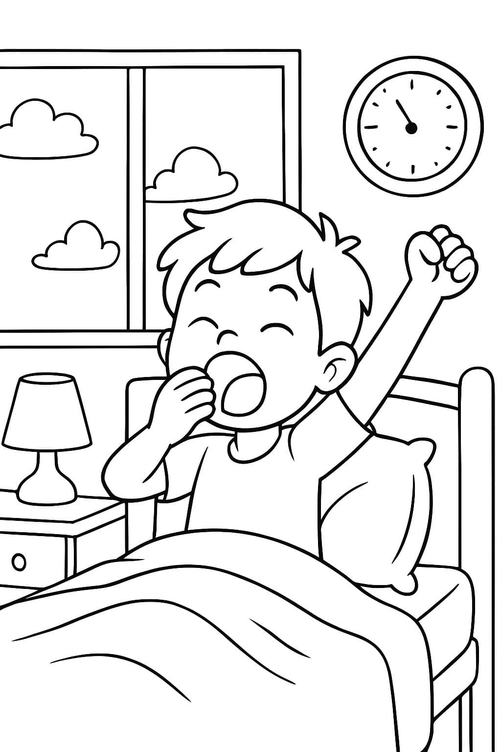 Niño despertándose y desperezándose en la cama.