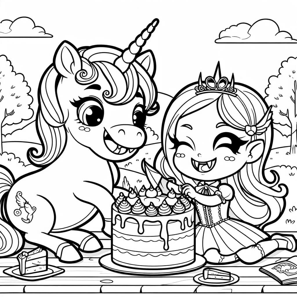 Unicornio amistoso y niña vampiro comiendo pastel