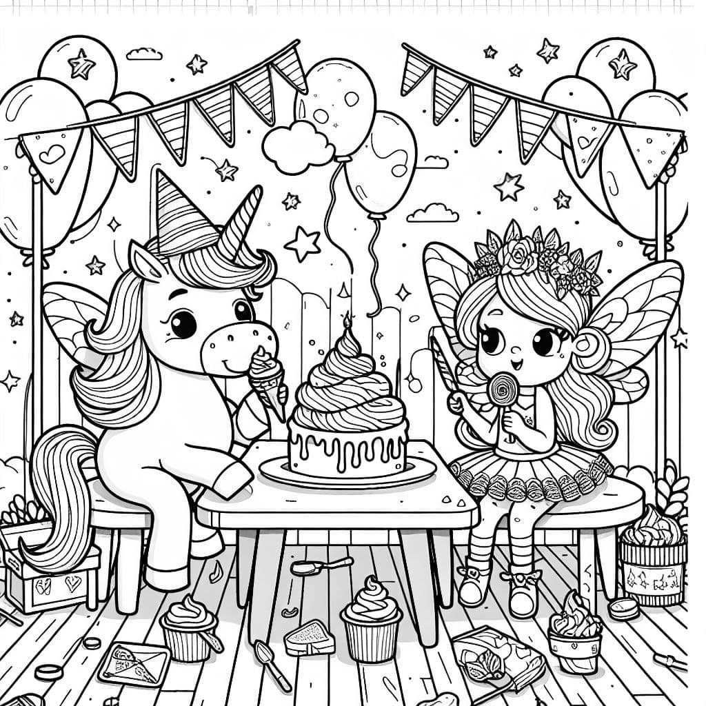 Un unicorn et une fée mangeant de la glace à une fête d'anniversaire