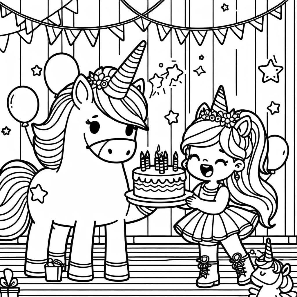 Unicornio y niña unicornio teniendo una fiesta