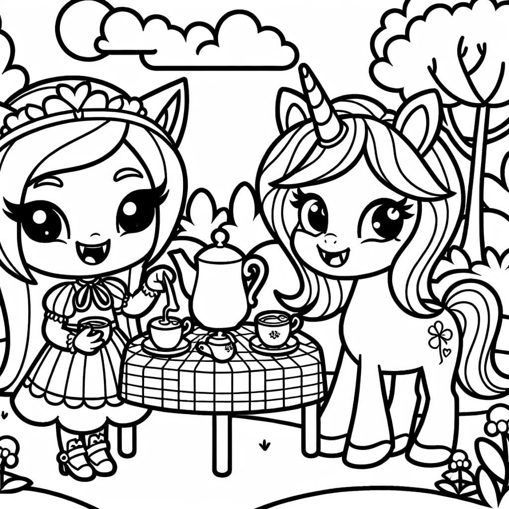 Chica vampiro amigable y unicornio teniendo una fiesta del té