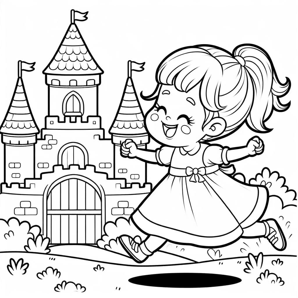 Una niña con una coleta que salta junto a un castillo mientras lleva un vestido.