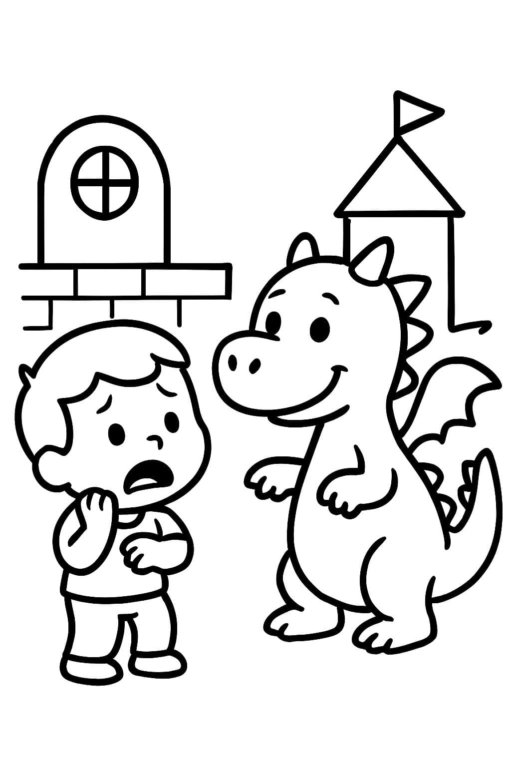 Un niño tiene miedo de un dragón amistoso en el jardín de infancia