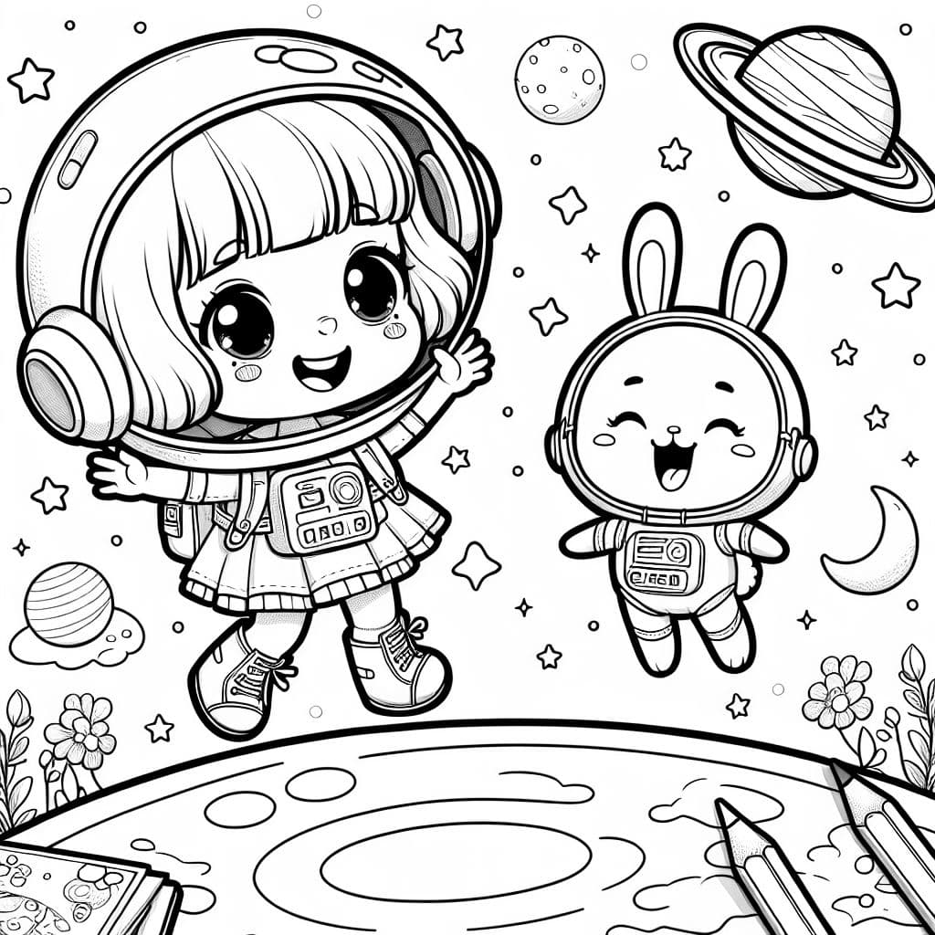 Little girl with short hair and bangs as astronaut in space with bunny astronaut