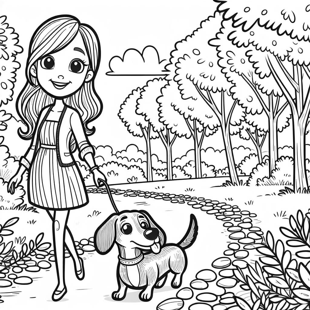 Eine Frau mit schulterlangen, hellbraunen Haaren und einem Dachshund, der durch den Wald geht.