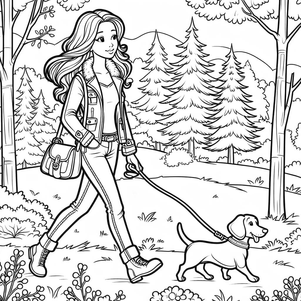 Una mujer con cabello castaño claro de longitud media que lleva jeans y una chaqueta y un perro salchicha caminando por el bosque.