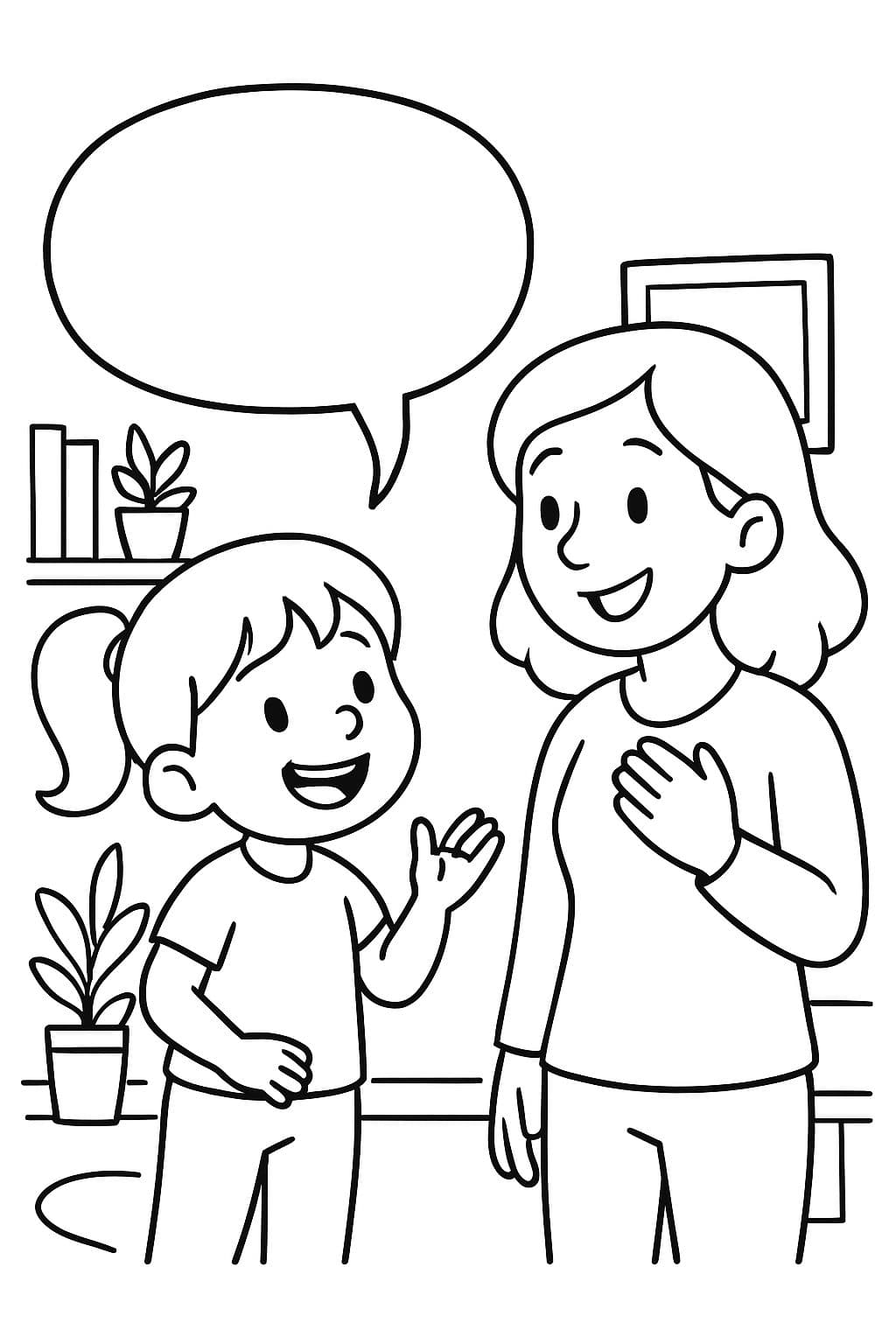 Etwas zu Hause einem Erwachsenen erzählen, mit einer Sprechblase.