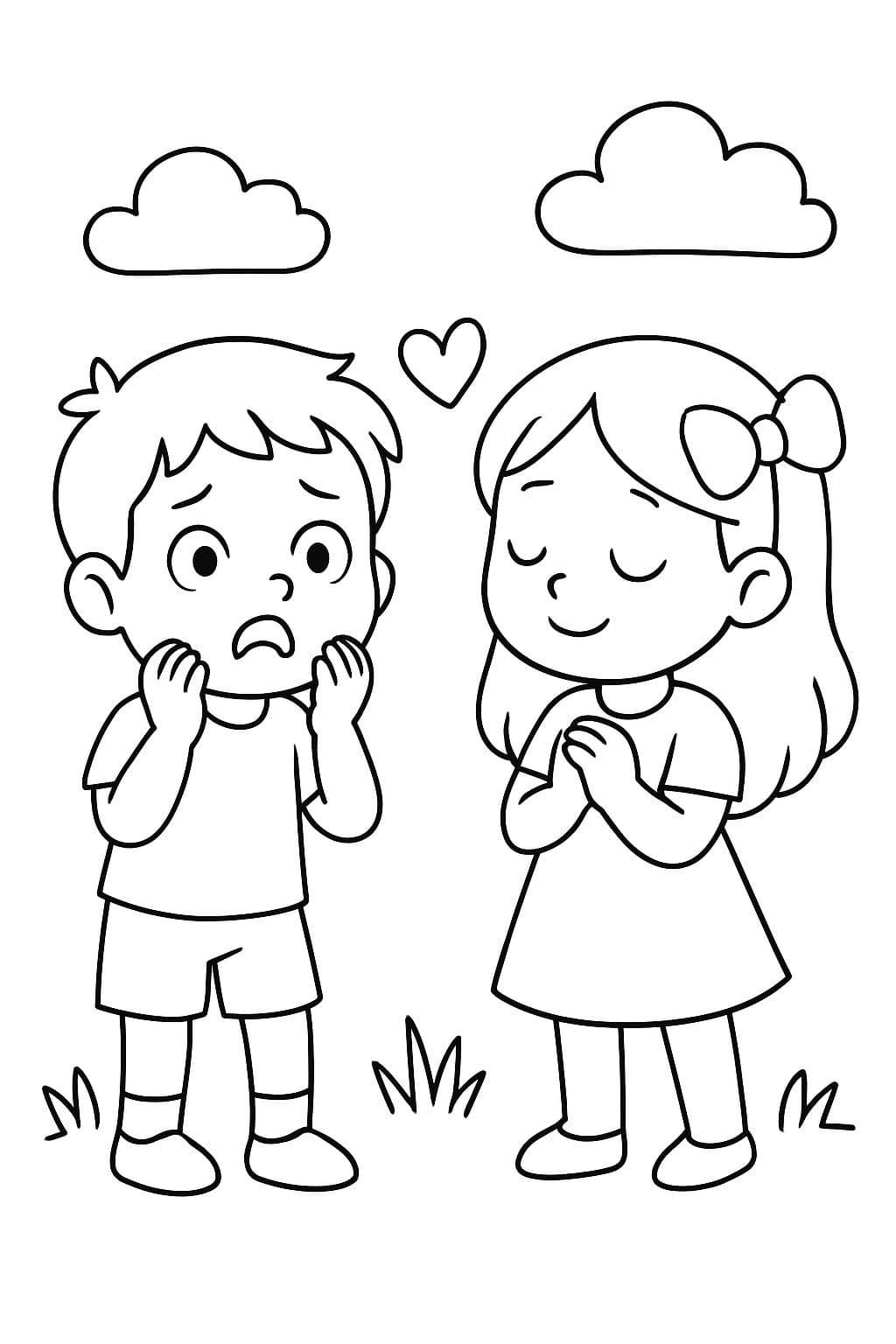 Ein Junge mit verängstigt aussehendem Gesicht und ein Mädchen mit liebevollem Gesicht.