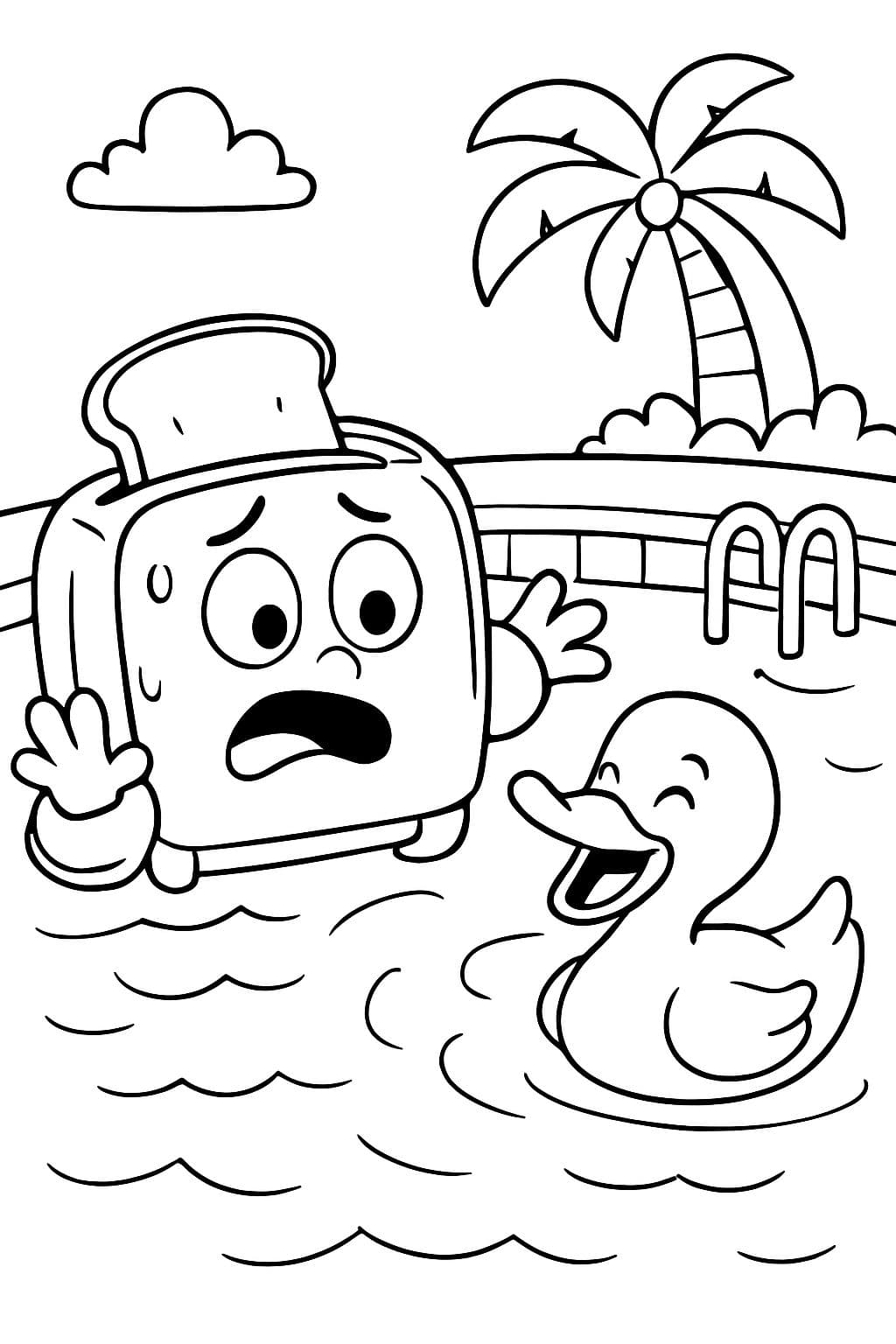 A fearful toaster trying to learn to swim in a pool, but he is wearing floaties. Next to him is a duck laughing at him.