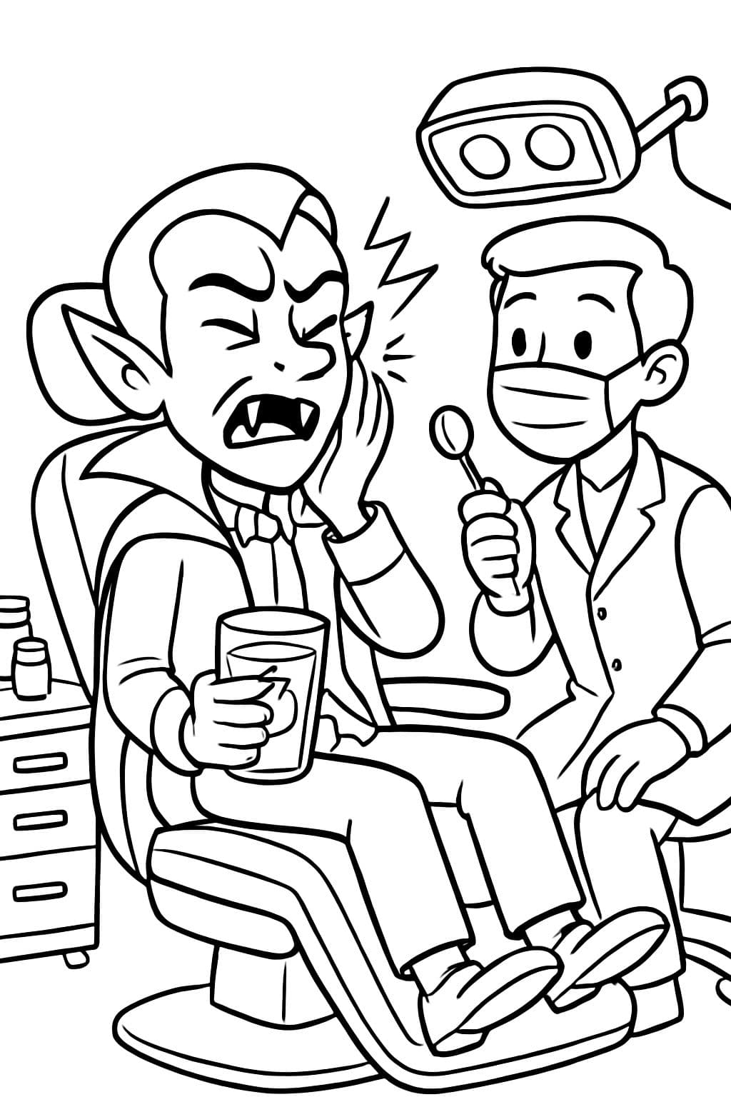 Un vampiro que bebe jugo de tomate y tiene dolor de muelas en el dentista