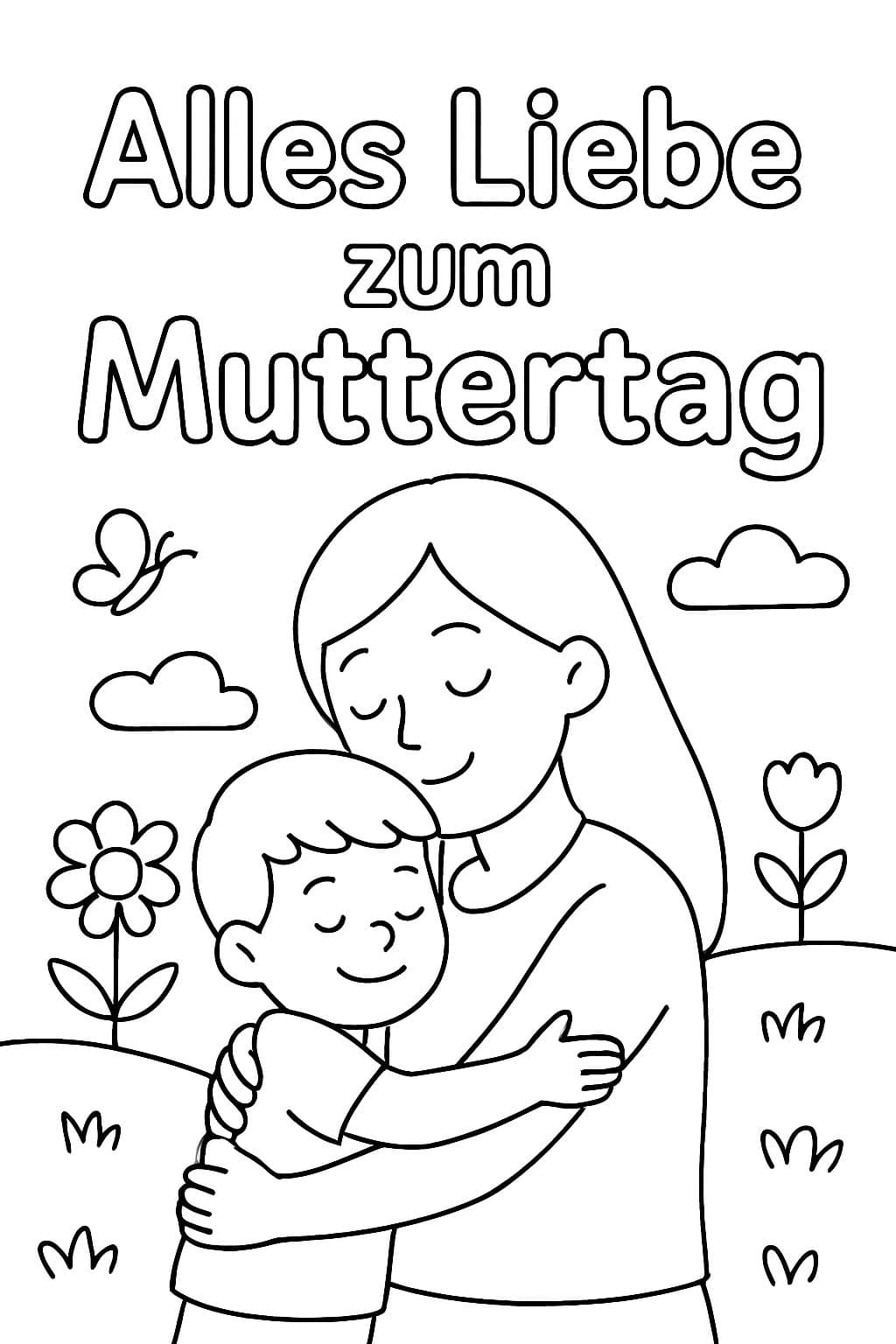 Text "Happy Mother's Day" and 4-year-old son cuddling with mom (long straight hair) in spring