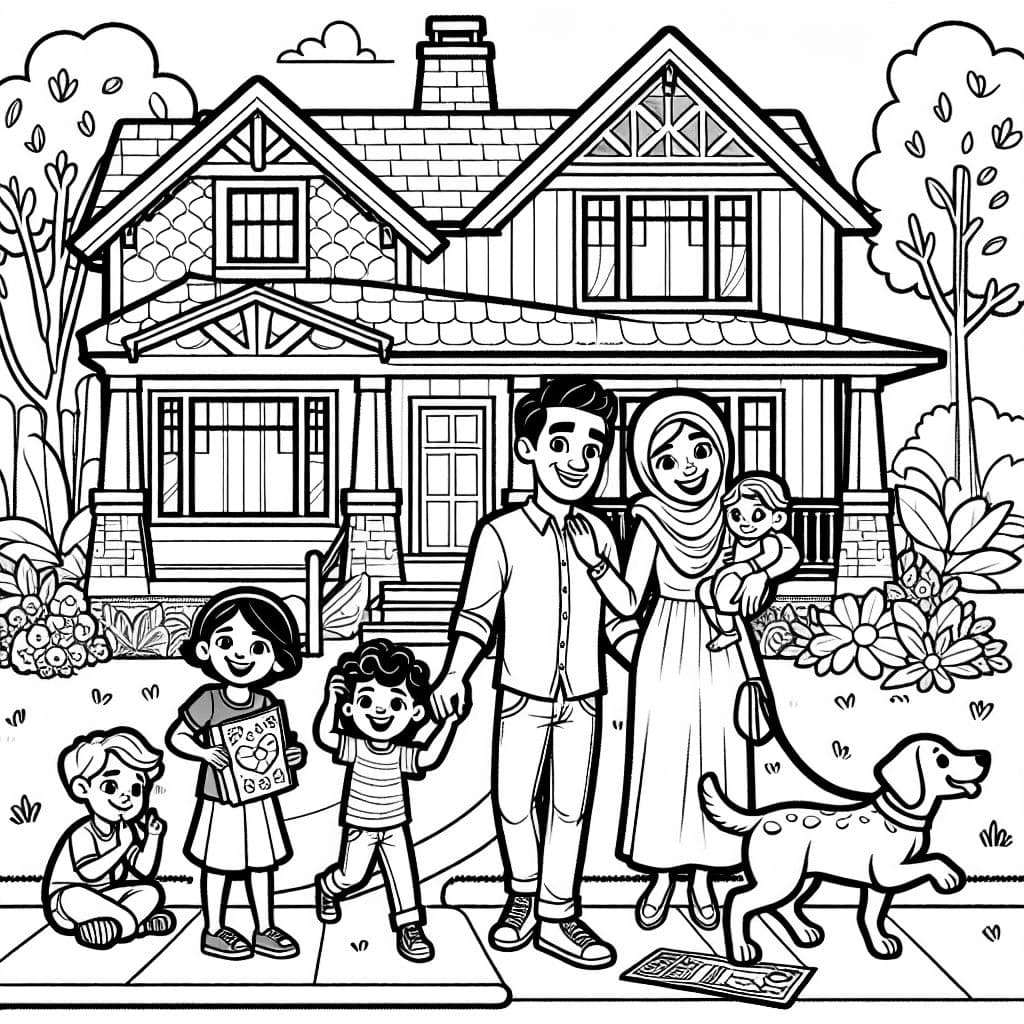 Maison de style artisanal avec une maman, un papa, 2 enfants et un chien