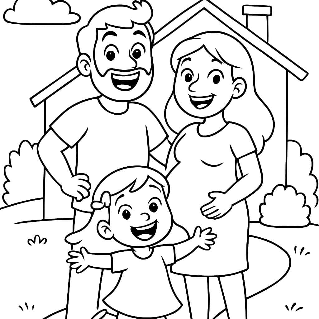 Casa de familia con una niña, un papá con barba y una mamá embarazada.
