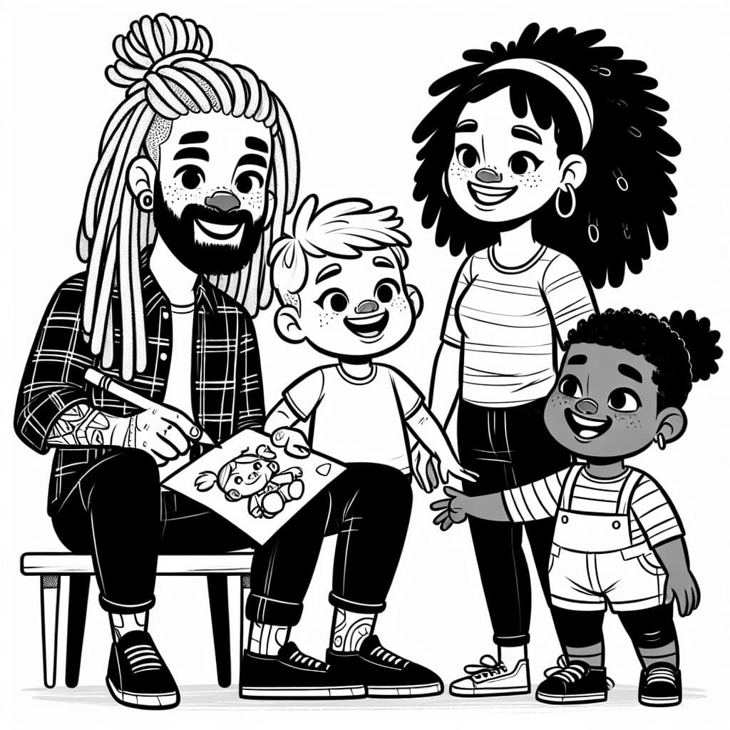 Black dad with dreadlocks with white mom with hair bun with biracial boy toddler and biracial girl kid
