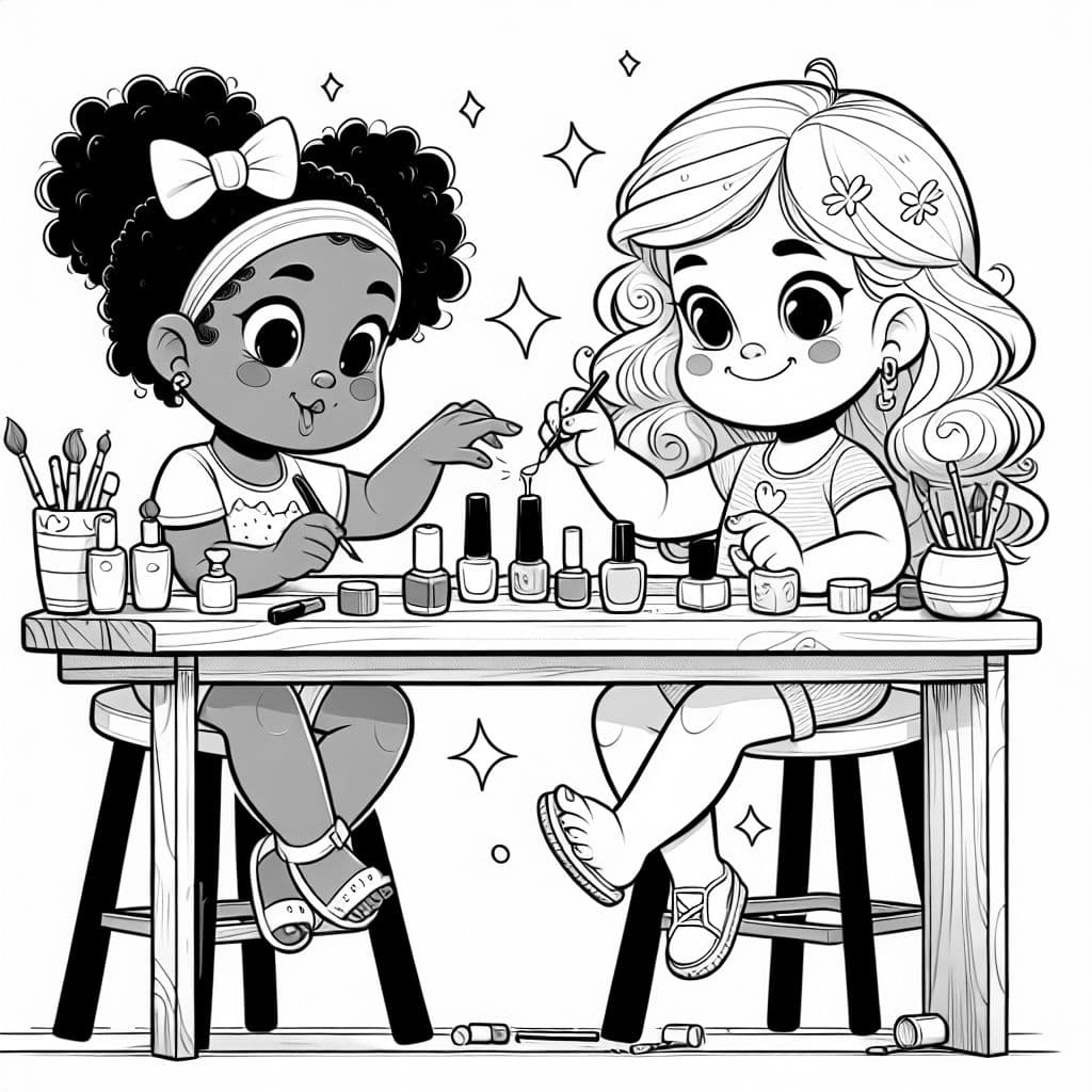 One black girl with curly hair and one white girl with wavy hair painting nails