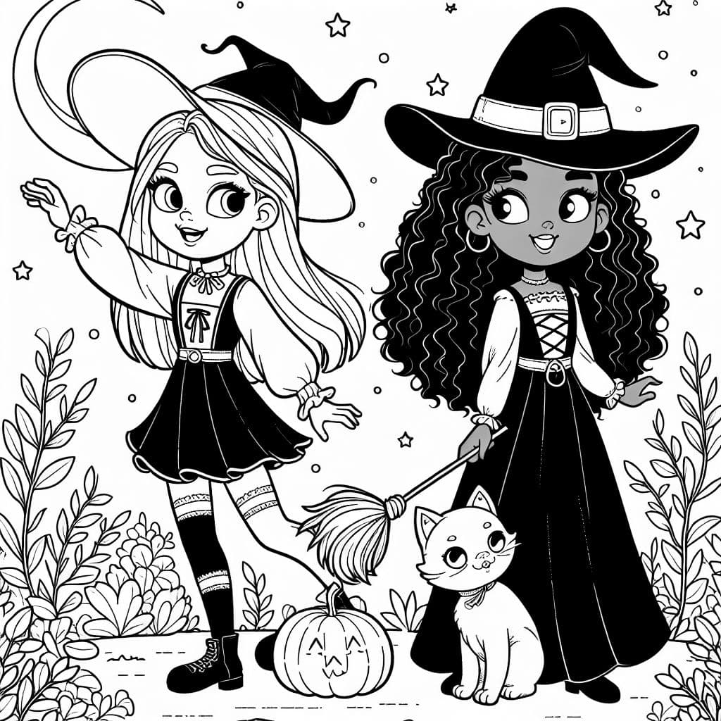 Black girl witch with curly hair and white girl witch with black cat