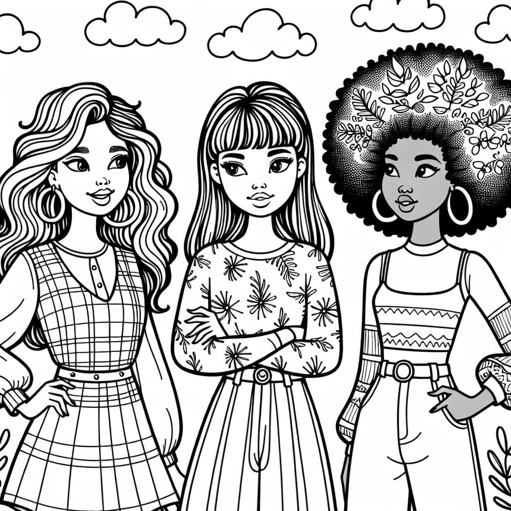 3 fashionista girls with different skin colors and different hairstyles